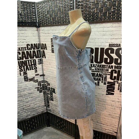 Zara Jrs XXL Light Blue Denim Side Zip Body-Con Spaghetti Strap Mini Dress - Picture 2 of 6